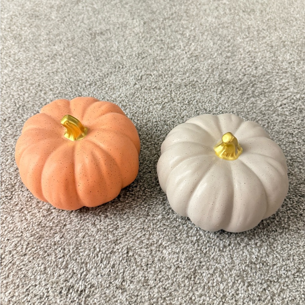 Decorative Ceramic Pumpkins - Orange & Cream with Gold Stems